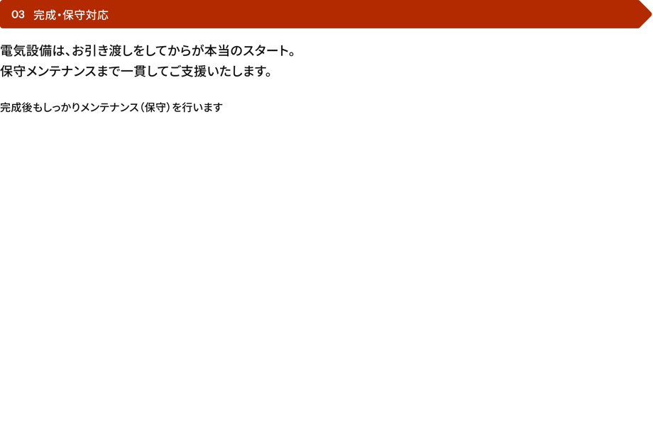 完成後も保守対応、運用支援、設備メンテナンスを行うサービスの流れ「03 完成・保守対応」の説明
